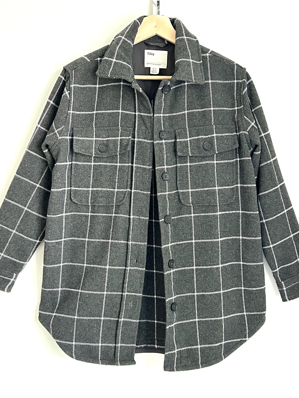 Tilley Grey Plaid Wool Blend Utility Shacket Jacket, NWOT, Size XS